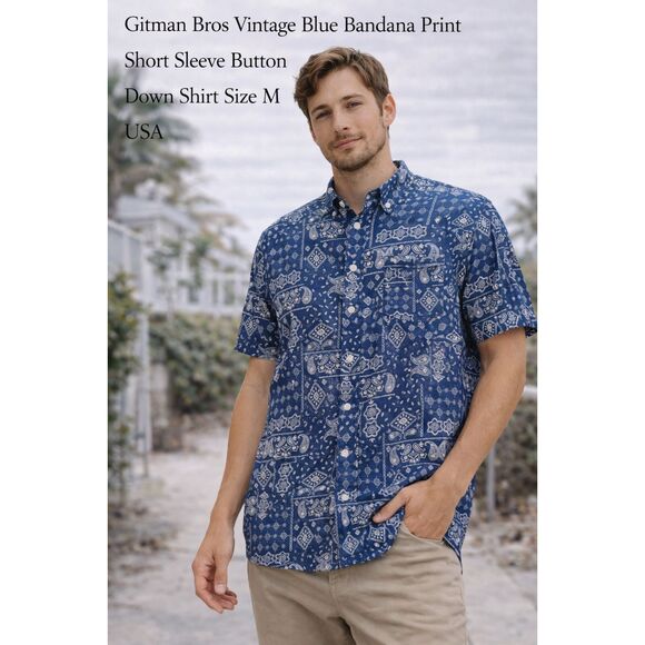 Gitman Bros Vintage Blue Bandana Print Short Sleeve Button Down Shirt Size M USA